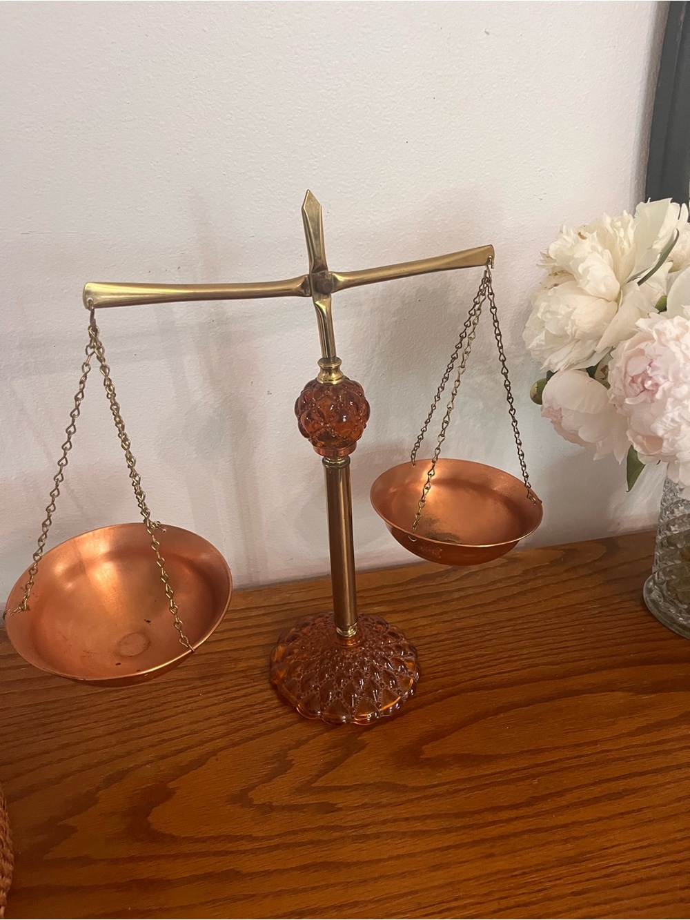 Mid century Vintage Brass & Copper Balancing Scale with Amber Glass Base